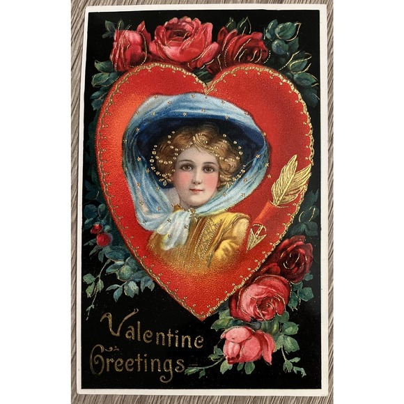 Other - Postcard Vintage Victorian Woman Heart & Roses Gold Embossed Made in Germany